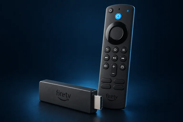 Illustrazione realistica di Fire TV Stick con telecomando e connettore HDMI